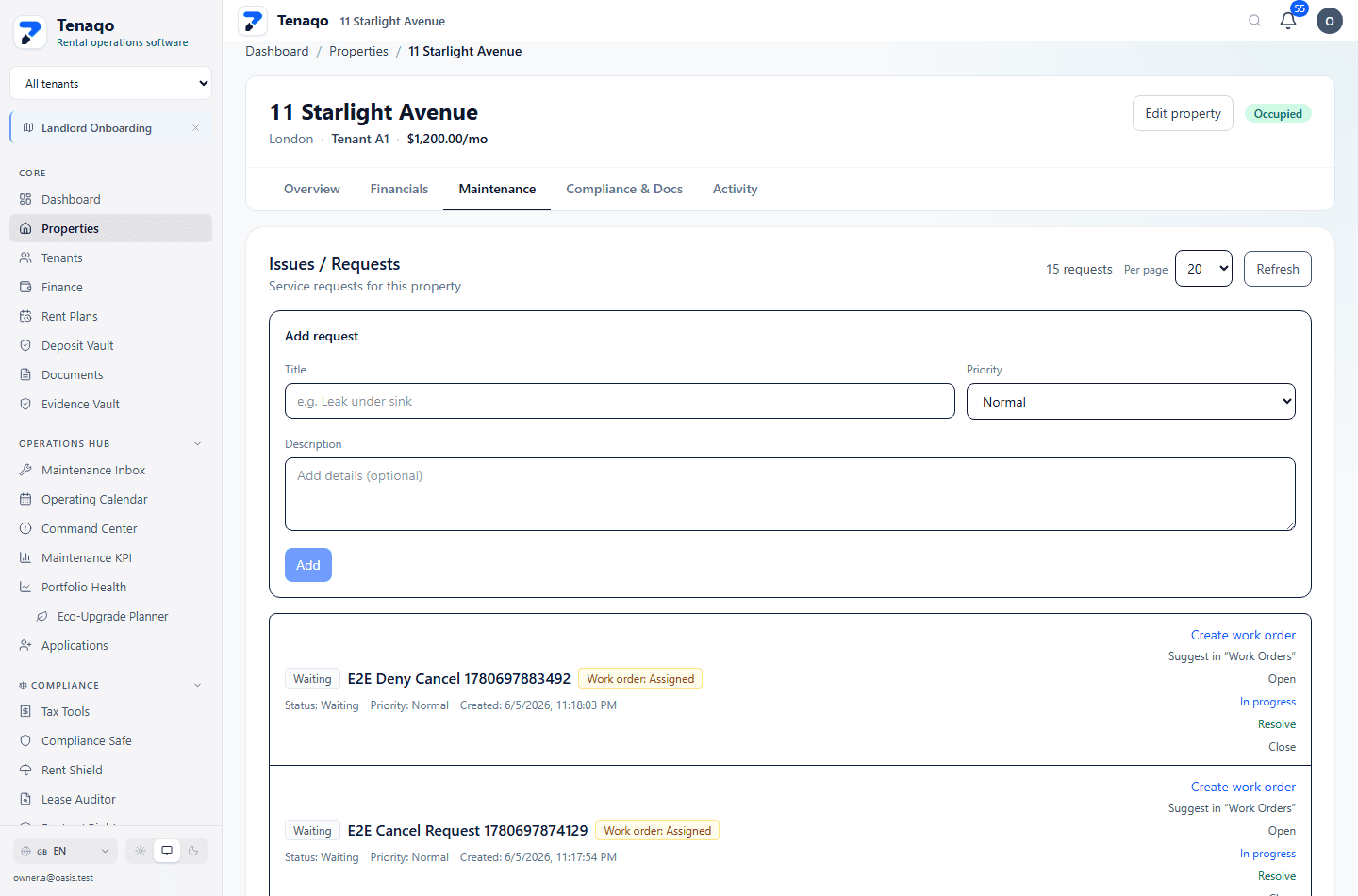 Tenaqo property request view showing service requests and linked work-order actions.