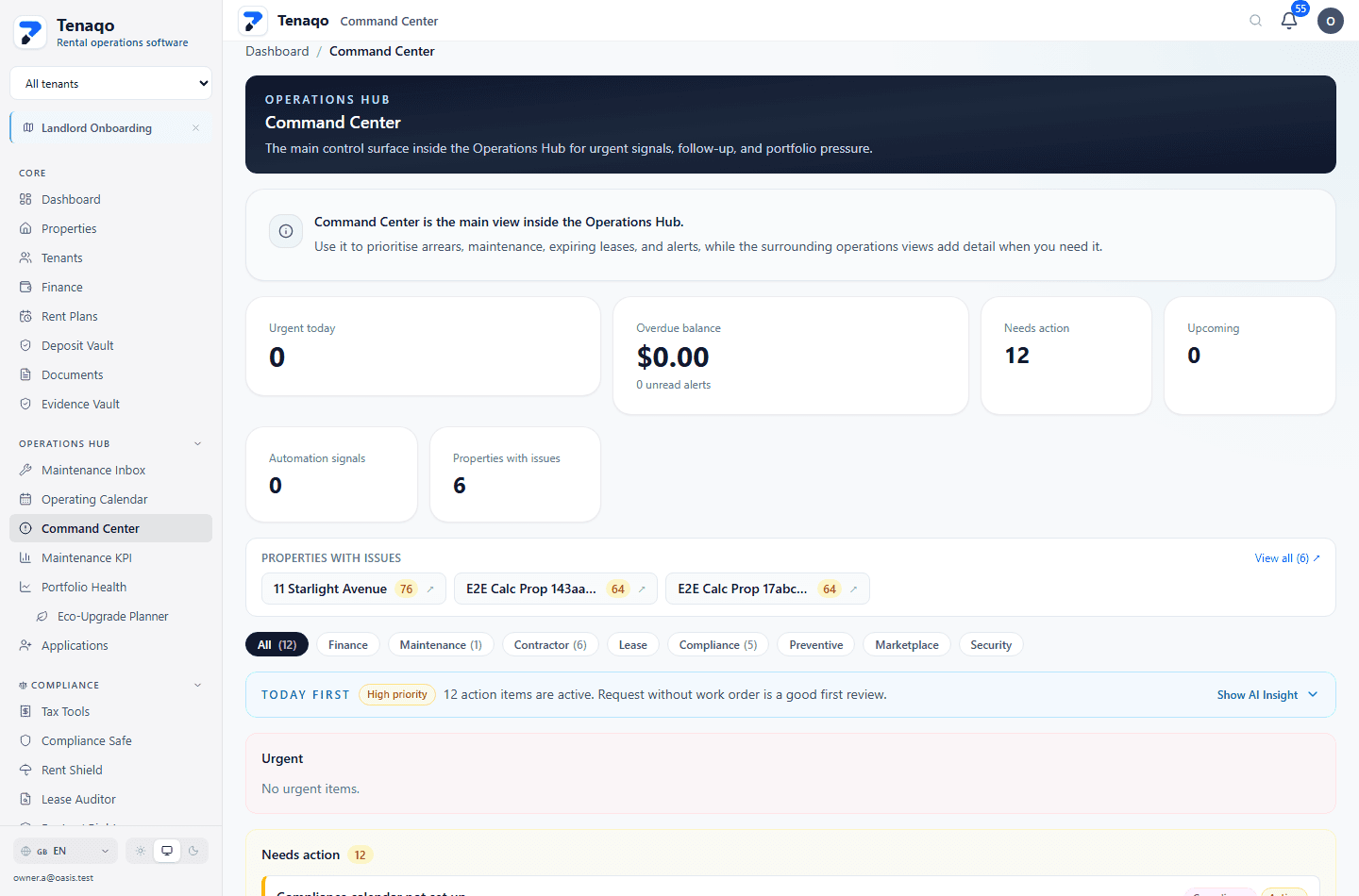 Tenaqo Command Center showing urgent queues, overdue balances, and action items.
