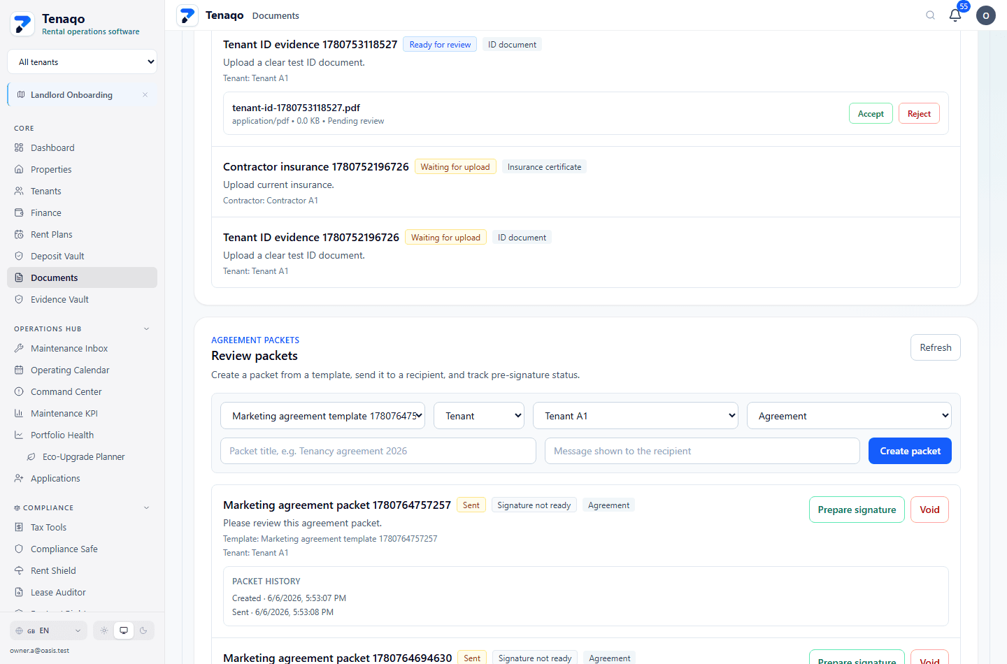 Tenaqo Documents page showing document requests, agreement packets, and account-scoped workflow controls.