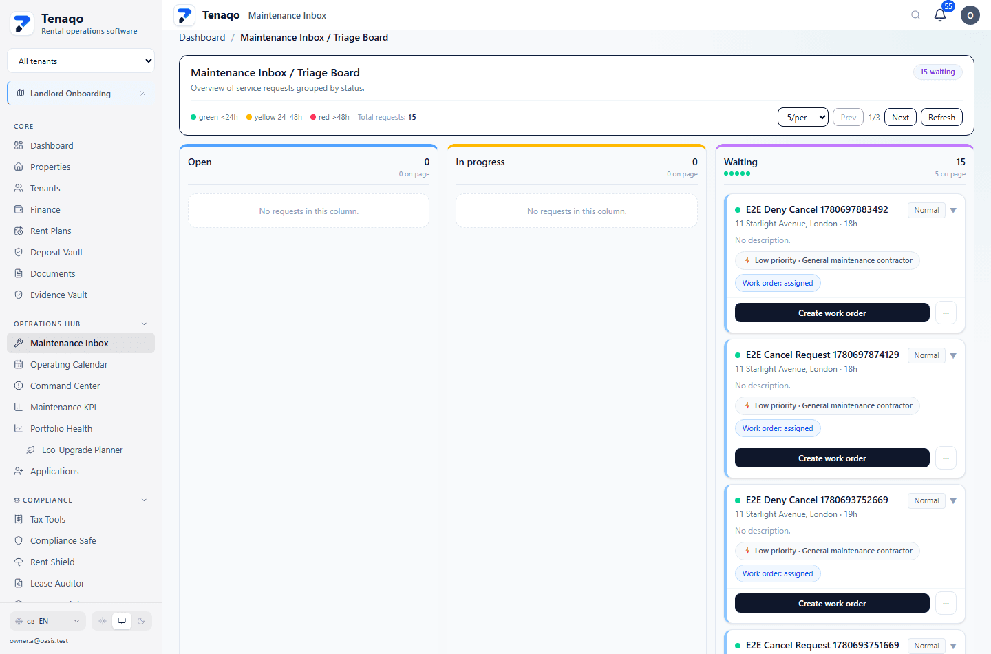 Tenaqo Maintenance Inbox showing structured request workflow and linked work orders.