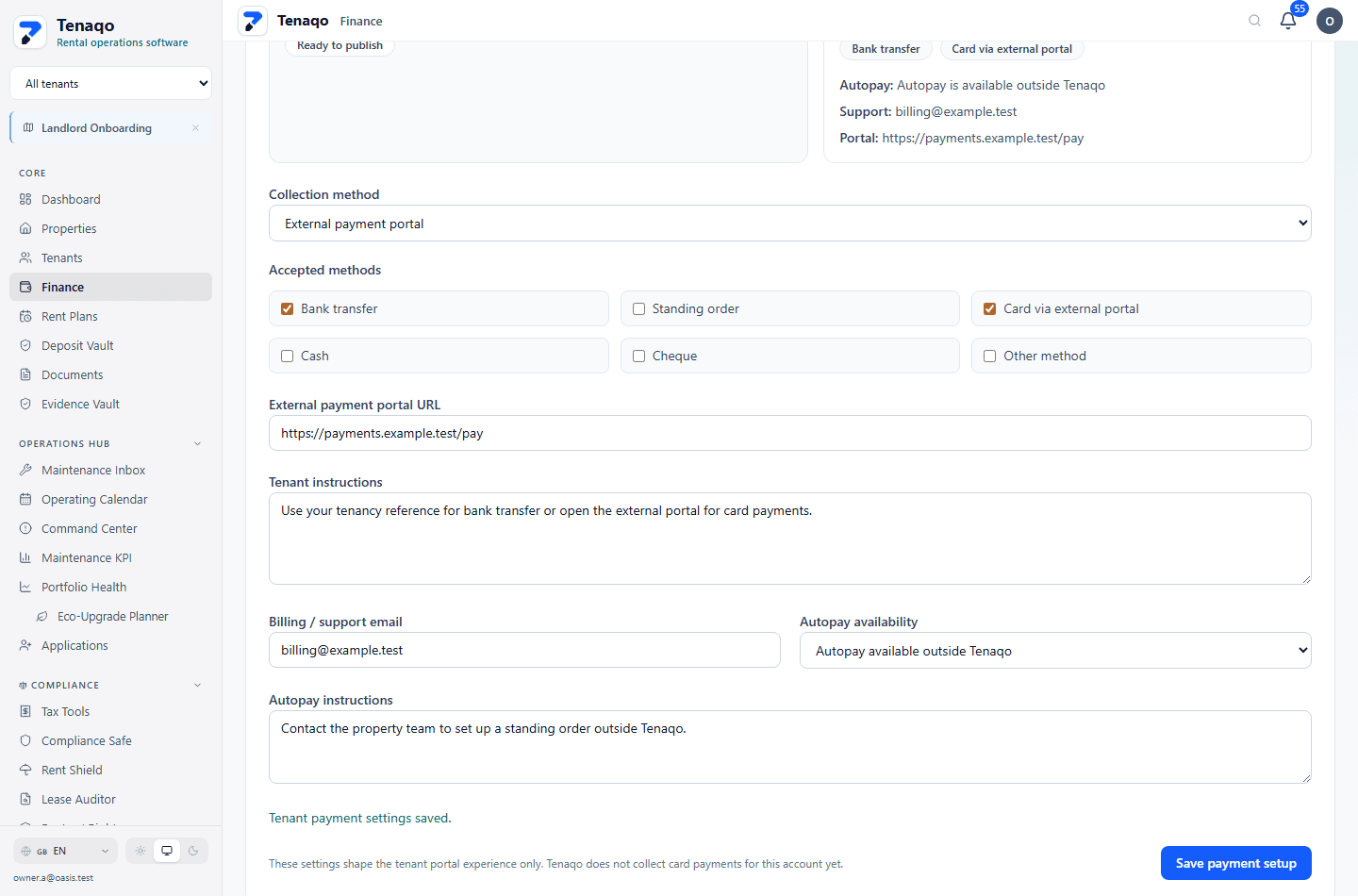 Tenaqo finance page showing tenant payment setup that feeds the tenant portal payment experience.