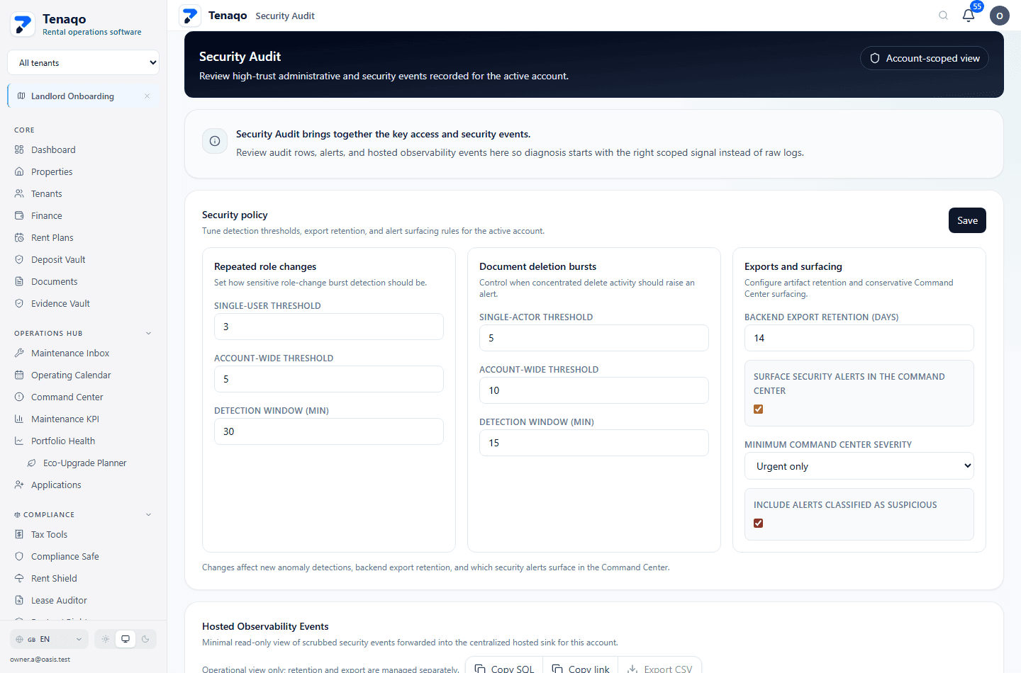 Tenaqo Security Audit view supporting the controlled, account-scoped trust model behind the tenant portal.
