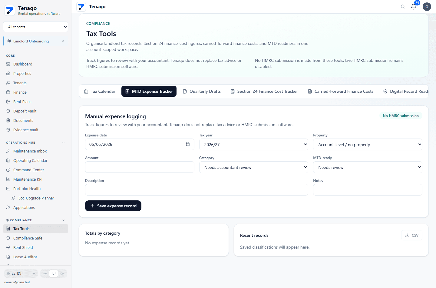 Tenaqo Tax Readiness Dashboard showing deadline status, completed obligations, and export controls.