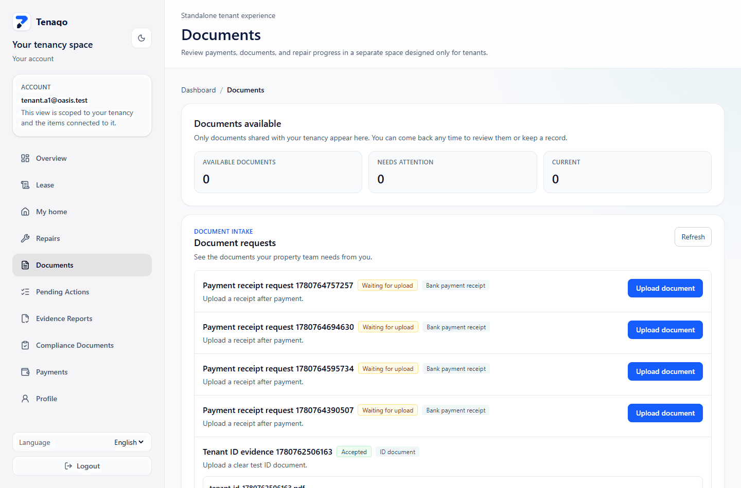 Tenaqo tenant documents page showing document requests and agreement packet review.
