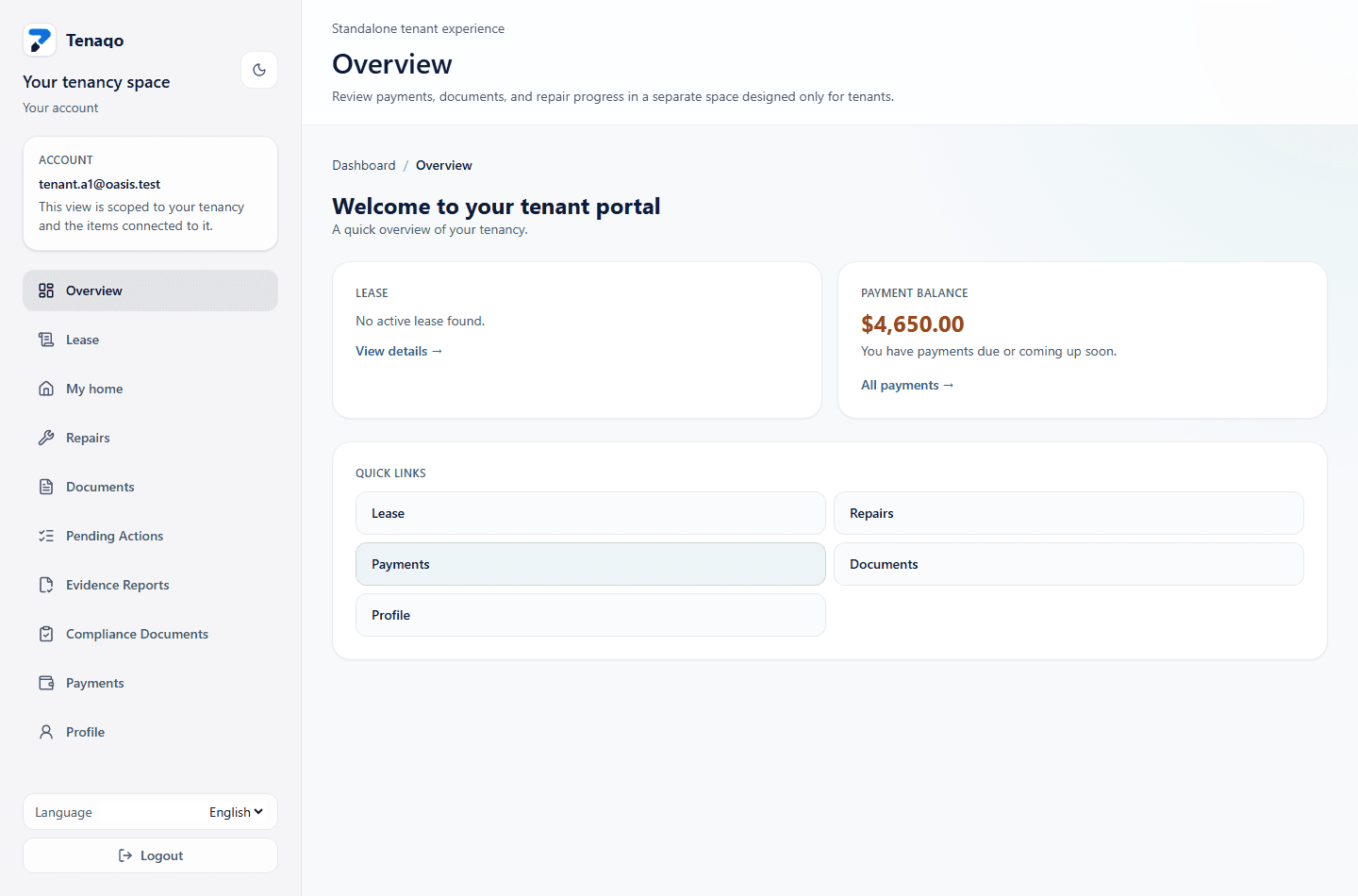 Tenaqo tenant portal dashboard showing summary cards, maintenance items, and payment visibility.